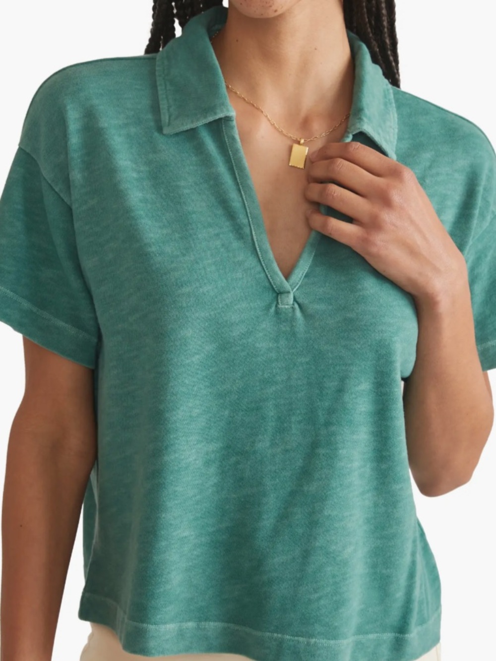 Marine Layer Women’s V-Neck Short Sleeve Polo Tee 100% Cotton Size L Green - Picture 2 of 12